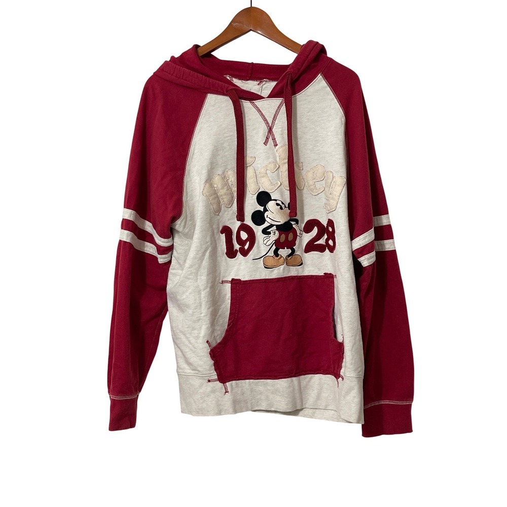 Disney Mickey Mouse Hoodie Size L Red White Raglan Varsity Retro Disneycore